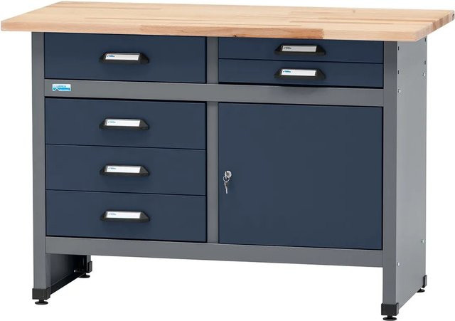 Küpper Werkbank eintürig mit 6 Schubladen in Dunkelblau und Buche, B/T/H: 120 x 60 x 84 cm - Bild 1
