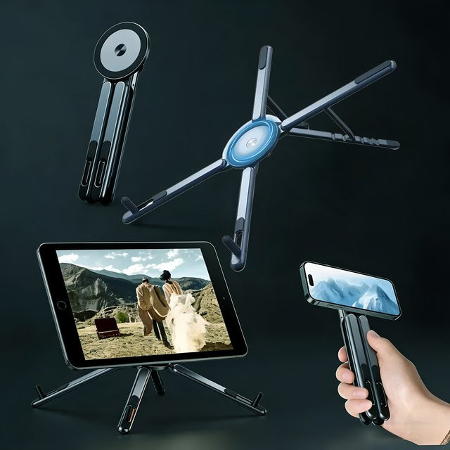 DOOCK Magnetische Handyhalterung in Grau, Tragbares und Faltbares Desktop-Tischstativ als Universelle Halterung für Smartphone, Tablet und Notebook - Bild 1