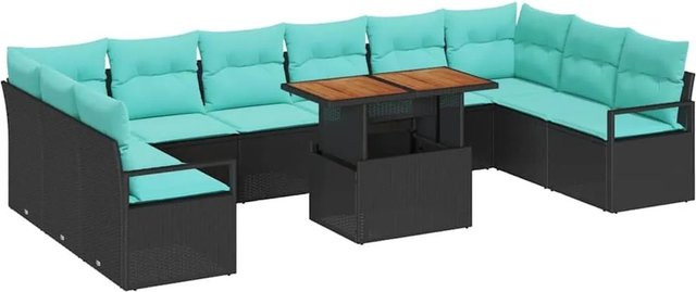 vidaXL Garten Essgruppe aus Poly-Rattan und Akazienholz mit 11 Teilen in Schwarz und Teal - Bild 1