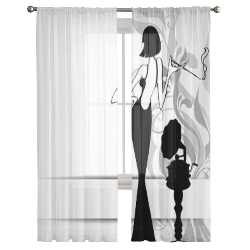 Super Six Chiffon-Vorhang mit Retro-Mädchen und Grammophon-Motiv, Weiß, Breite: 135 cm, Höhe: 114 cm - Bild 3