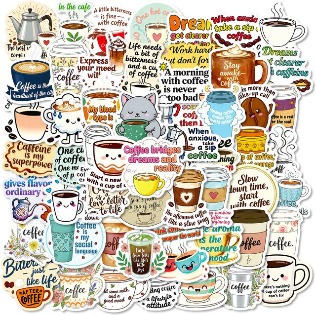 Wasserfeste Doodle-Aufkleber mit Kaffeetassen-Motiven und kreativen Texten in Multicolour für DIY-Gestaltungen von Tassen, Gitarren, Kühlschränken und Schreibwarenboxen, 56 bis 112 Stück - Bild 1