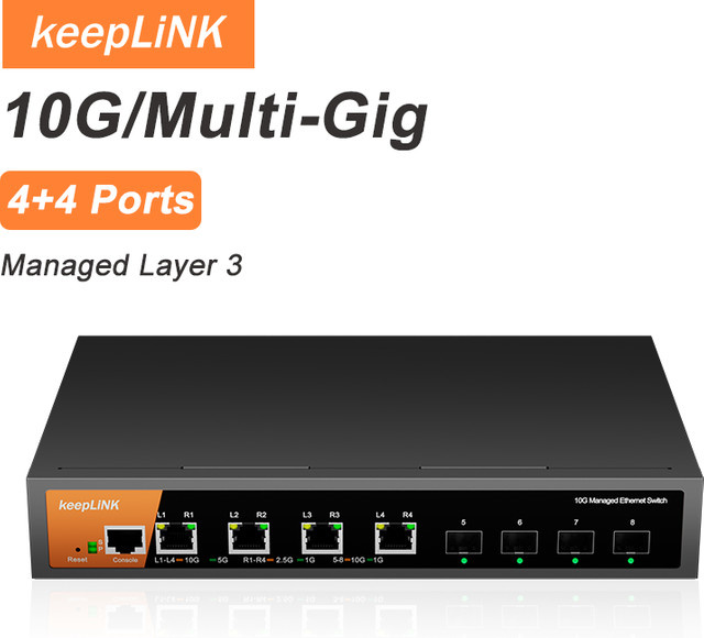 KeepLiNK 8-Port 10G Multi-Gig L3 Managed Ethernet Switch in Schwarz mit 4 x RJ45 und 4 x SFP+ für Desktop oder Wandmontage - Bild 1