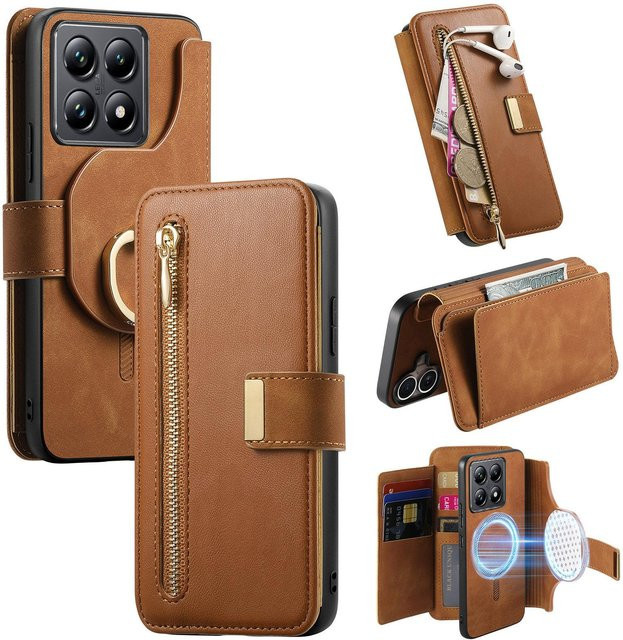 HQBBRO 2-in-1 Magnetische Lederhülle mit abnehmbarem Reißverschluss-Kartenfach für Xiaomi Redmi Note 13 Pro Plus 5G, 12, 13C und 14T Pro in Braun - Bild 1