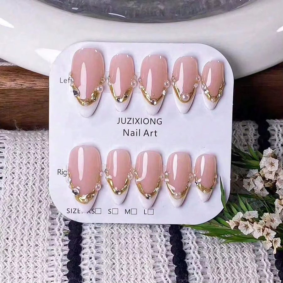 Mandelförmige Kunstnägel, 10 Stück, weiße French-Tips, goldene 3D-Linien, glänzend - Bild 3