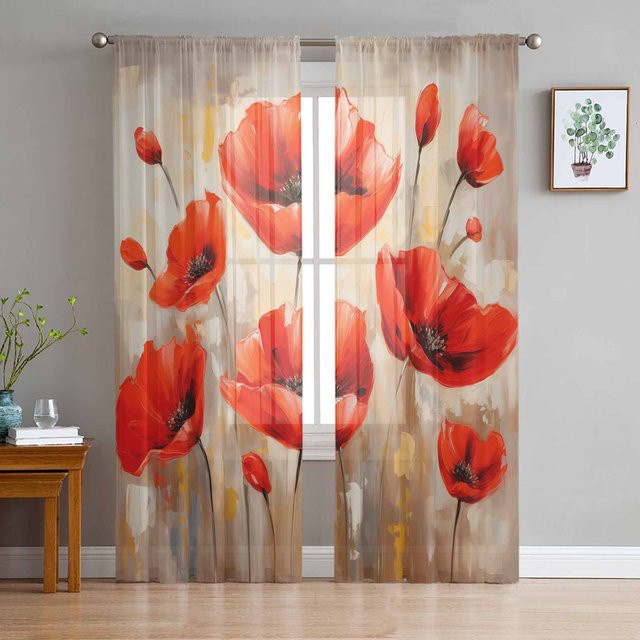 Binchi Outdoor Equipment Chiffon-Fenstervorhang mit handbemaltem Mohnblumen-Aquarell-Design in Rot, Breite: 135 cm, Höhe: 114 cm - Bild 1