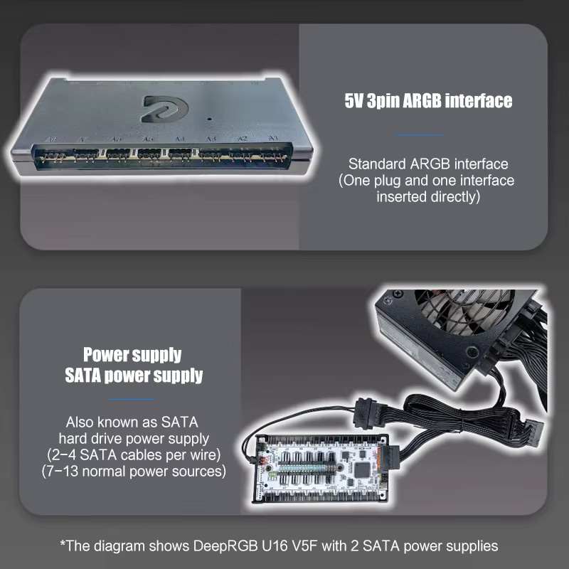 DeepRGB Asynchroner Steuerungshub E8/U16 5V 3Pin ARGB Verteiler in Schwarz kompatibel mit SignalRGB, OpenRGB und DRGB-Link - Bild 4