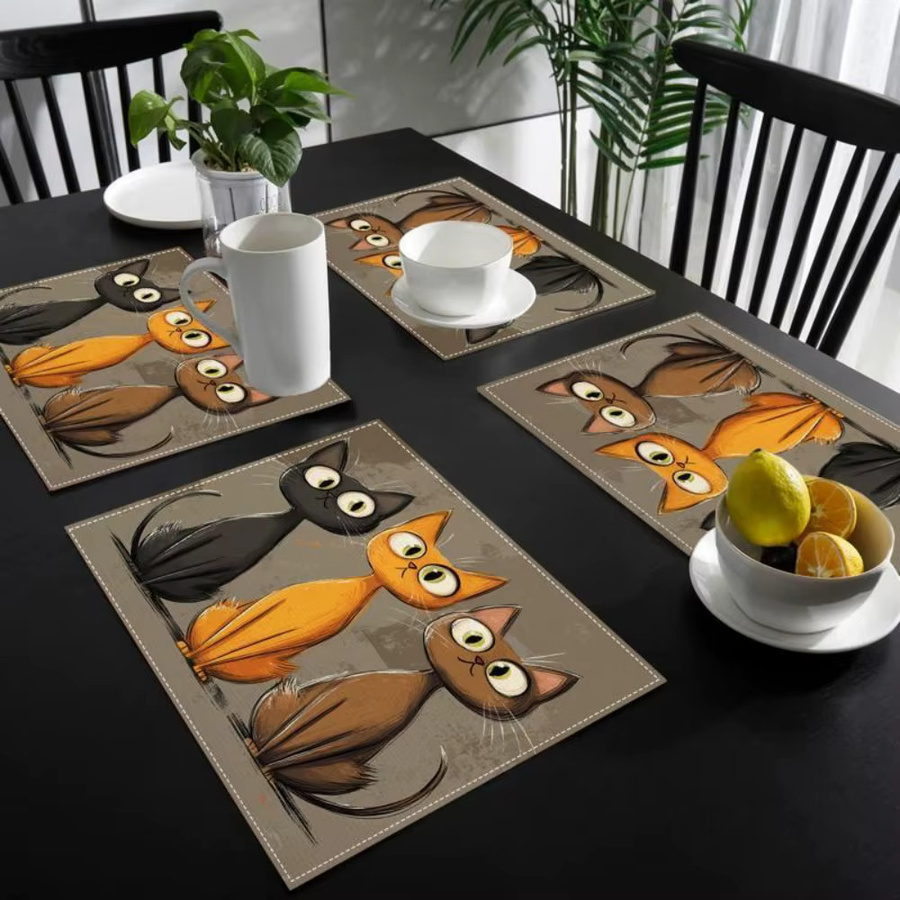 VIKAMA 4-teiliges Tischset-Set aus Baumwolle mit Katzenmuster, rutschfest und waschbar - Bild 1