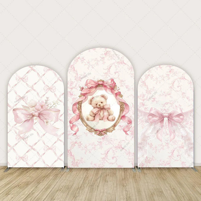 VIKAMA Fotohintergrund Bogen mit niedlichem Bär und rosa Schleife für Babytaufe oder Mädchen-Geburtstagsparty, Farbe: Pink, B/H: 120 x 170 cm - Bild 1