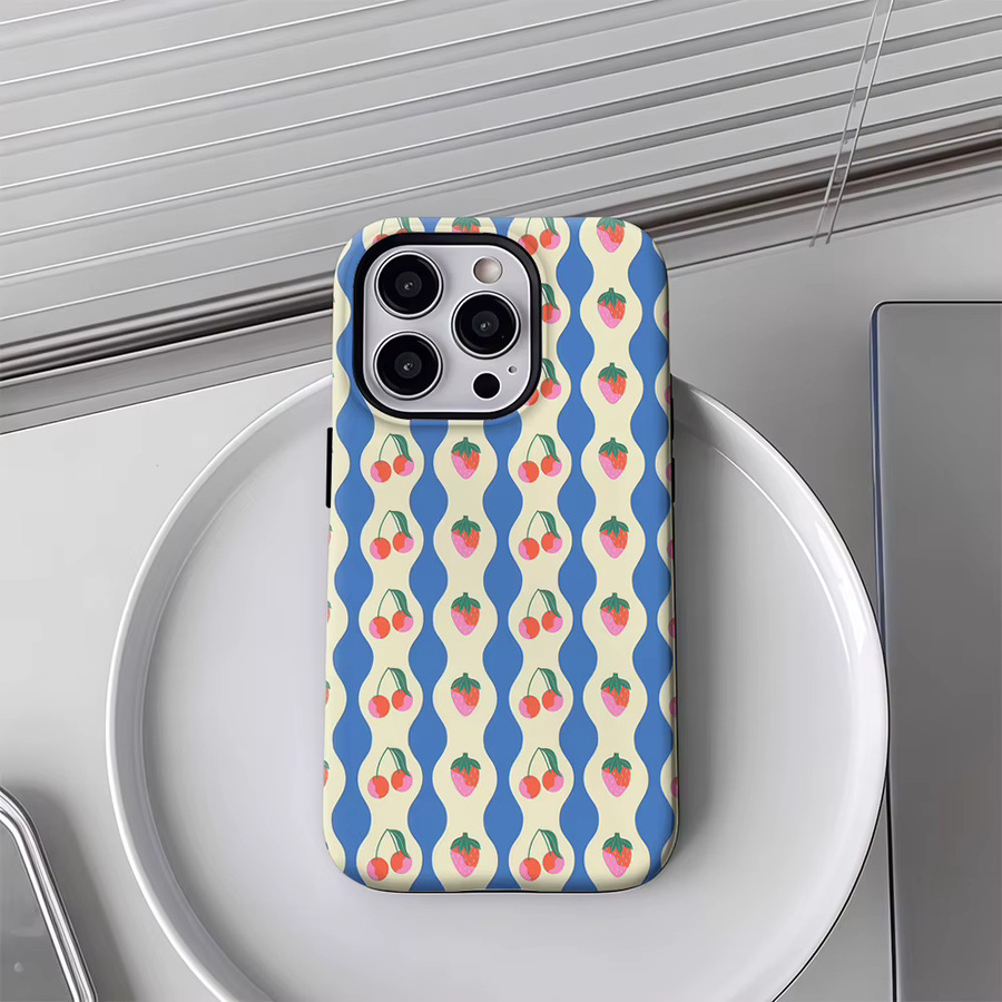 Handyhülle mit Erdbeeren und Kirschen Design in Blau für Apple iPhone 17 16 15 14 13 12 Pro Max Plus mit doppelschichtiger Rückseite - Bild 4