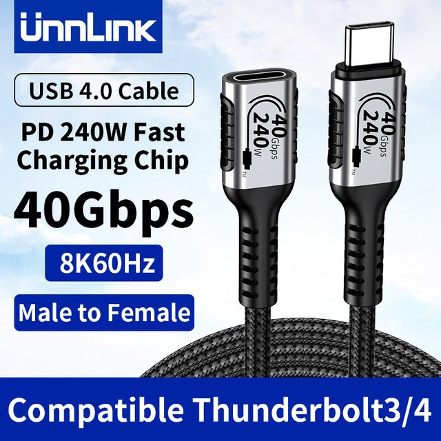 Unnlink USB-C-Verlängerungskabel in Schwarz, Typ-C-Extender kompatibel mit Thunderbolt 4/3, USB4.0, 3.2 und 3.1 für schnelles Aufladen und 8K/4K Übertragung - Bild 1