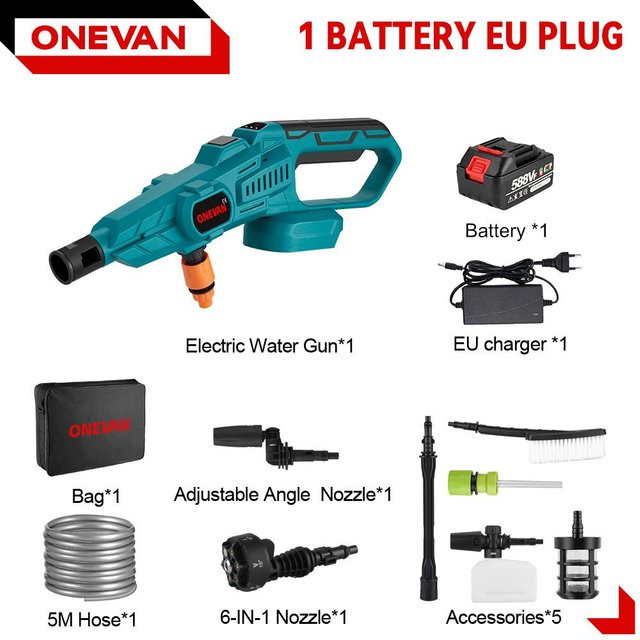 ONEVAN Bürstenloser elektrischer Hochdruckreiniger mit 200 Bar Druck und Akku-Set für Makita 18V LXT Akkus inklusive Wasserpistole für Autowäsche und Gartenbewässerung - Bild 1