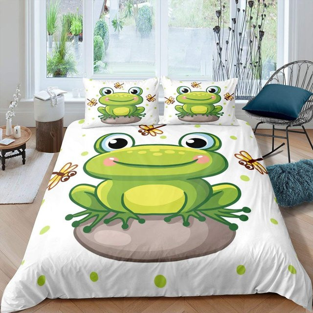 Frosch Bettwäsche Set mit Cartoon Motiv in Grün und Weiß, Microfaser Deckenbezug und Kissenbezug für Teenager, B/H: 135 x 200 cm - Bild 1