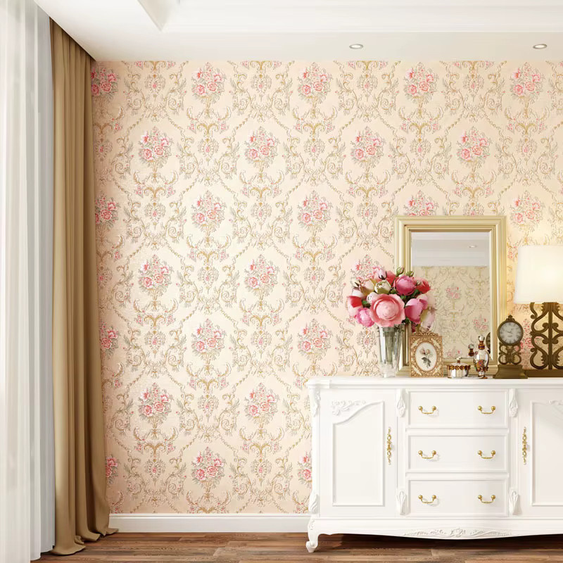 Selbstklebende Tapete mit pastoralem Blumenmuster in Beige für Wohnzimmer und Schlafzimmer - Bild 1