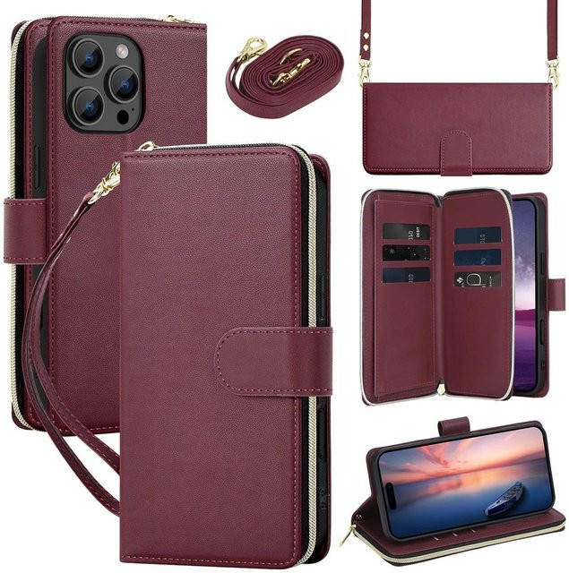 Leder Klapphülle mit Reißverschluss und Lanyard für iPhone, Geldbörse und Kartenhalter, Farbe: Lila - Bild 1