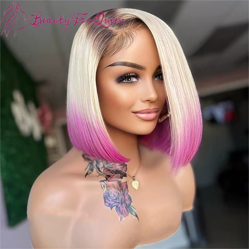 Nfhrsoe Bob-Schnitt-Perücke, Honigblond, Ombre-Rosa, Echthaar, Spitze-Front - Bild 3