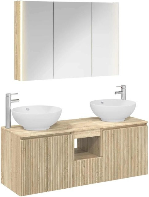 vidaXL Badezimmerschrank-Set 4-teilig in Sonoma-Eiche, modern mit Waschtischunterschrank, Spiegelschrank mit LED-Beleuchtung und Seitenschrank, Braun - Bild 1