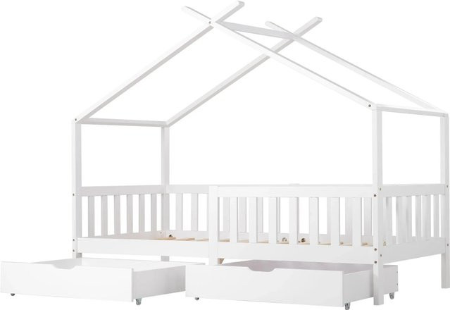 KOMHTOM Hausbett Kinderbett aus Kiefernholz mit 2 Schubladen und Lattenrost in Weiß, B/T/H: 90 x 200 x 165 cm - Bild 1