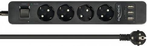 Delock Steckdosenleiste Schwarz mit 4 Anschlüssen und 3 USB Typ A Ports, 4000 Watt, 1,5m Kabellänge - Bild 1