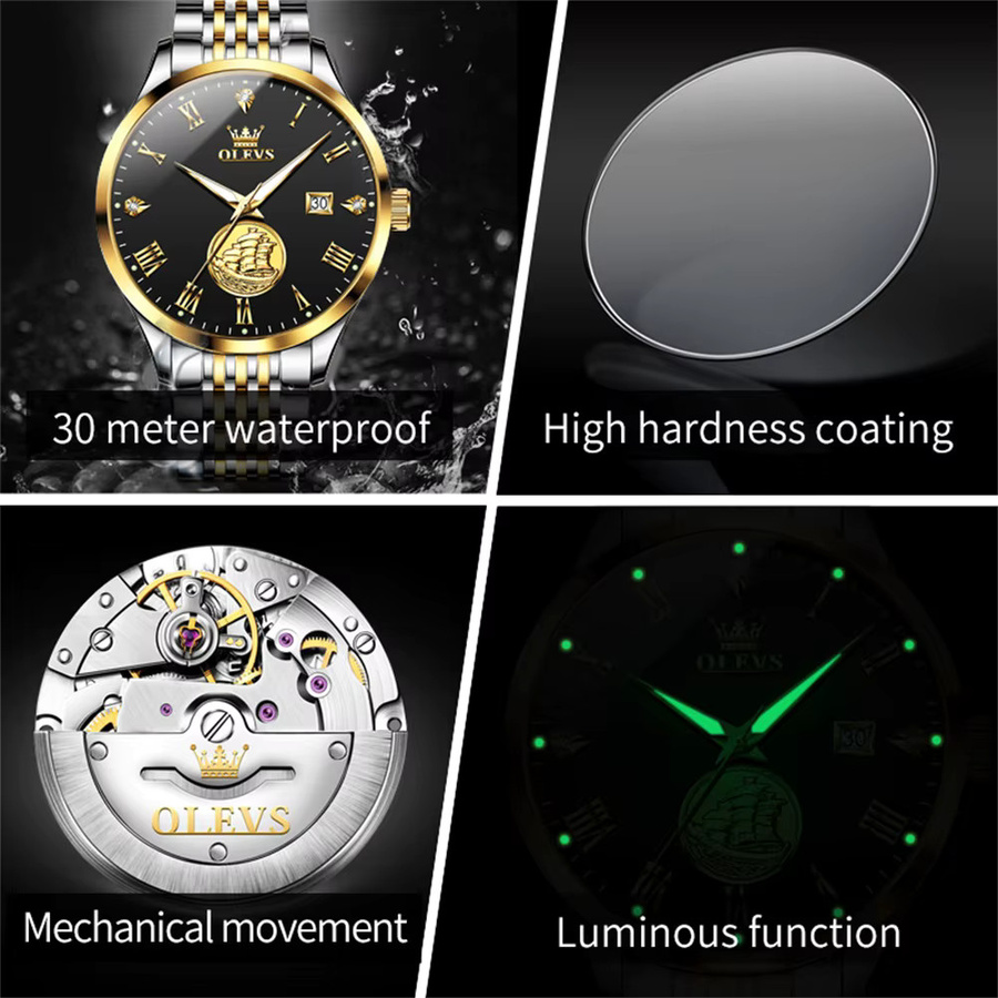OLEVS Armbanduhr Automatik, Edelstahl, Gold, Schwarz, Herren - Bild 5