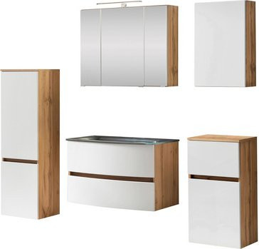 HELD MÖBEL Waschtisch-Set KOPENHAGEN in Weiss und Braun, 7-teilig, modern mit LED-Beleuchtung und Soft-Close-Türen, B/T/H: 130 x 40 x 70 cm - Bild 1