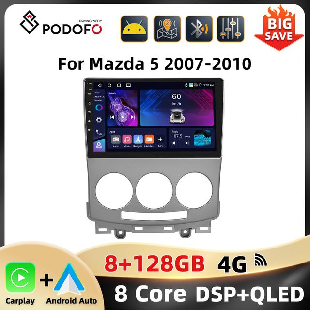 Podofo 9-Zoll Wireless CarPlay Autoradio mit Android Auto, WIFI, 4G und GPS für Mazda 5 2007-2010, 8-Kern Multimedia-Videoplayer in Schwarz, 8+128G - Bild 1