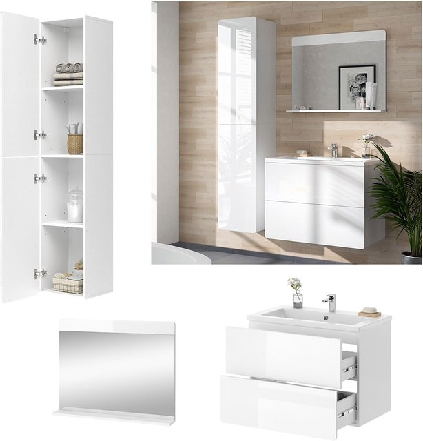 Vicco Badmöbel-Set Izan in Weiß Hochglanz mit Waschtischunterschrank, Waschbecken, Badspiegel und Hochschrank - Bild 1