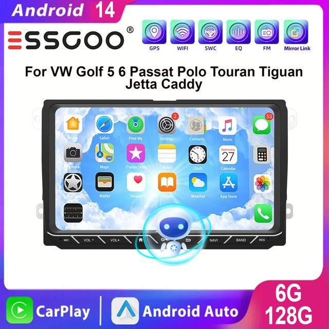 ESSGOO Android 14 Autoradio für VW Golf MK5 MK6 mit 9 Zoll IPS Touchscreen, 6+128GB, Drahtlos Apple CarPlay und Android Auto, GPS Navigation, 4G WIFI und KI-Steuerung, Schwarz - Bild 1