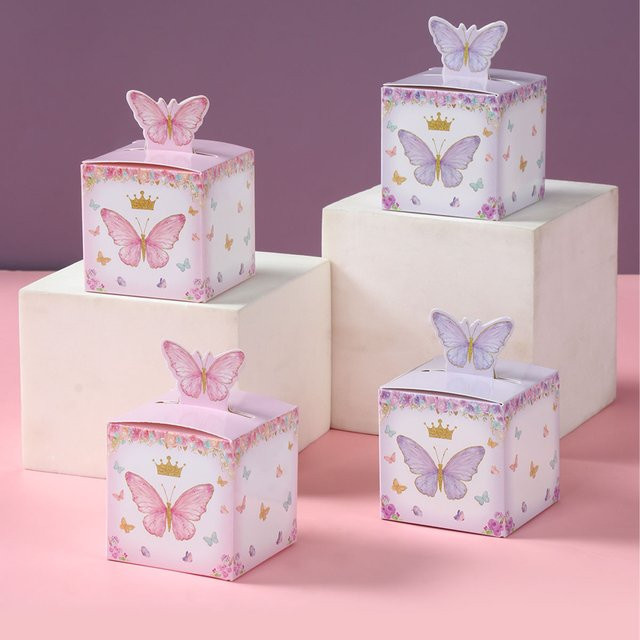 Wayfun Geschenkboxen mit Schmetterlings-Design in Lila und Rosa, 24 Stück für Süßigkeiten, Schokolade oder Kekse bei Hochzeiten, Geburtstagen und Babypartys - Bild 1