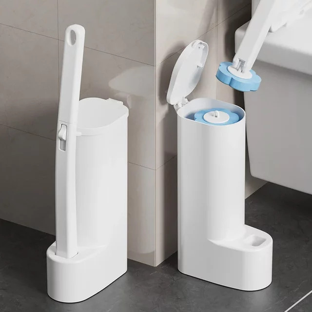 BRUSHZAZA Einweg-Toilettenbürstenreiniger Set mit langem Griff und austauschbarem Bürstenkopf in Weiß - Bild 1