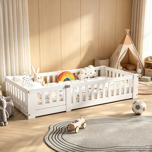 Fangange Kinderbettgestell aus Massivholz mit Sicherheitsgeländern und abnehmbarem Seitengitter, Weiß, B/T/H: 200 x 90 x 100 cm (ohne Matratze) - Bild 1