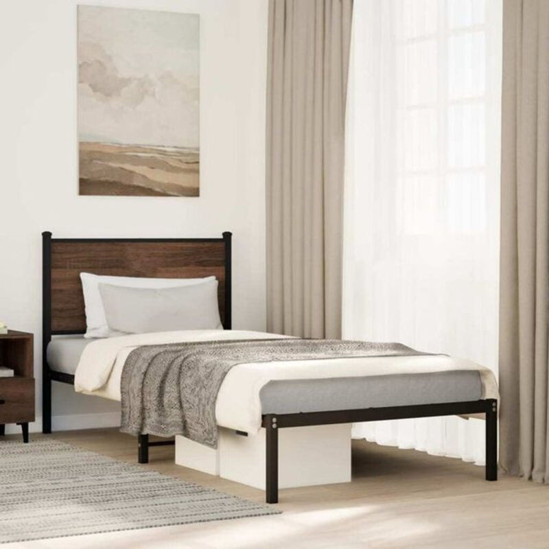 Metallbett Vidaxl in Braun mit Eichen-Optik im Industrial-Stil, B/T/H: 75 x 190 x 91,5 cm - Bild 1