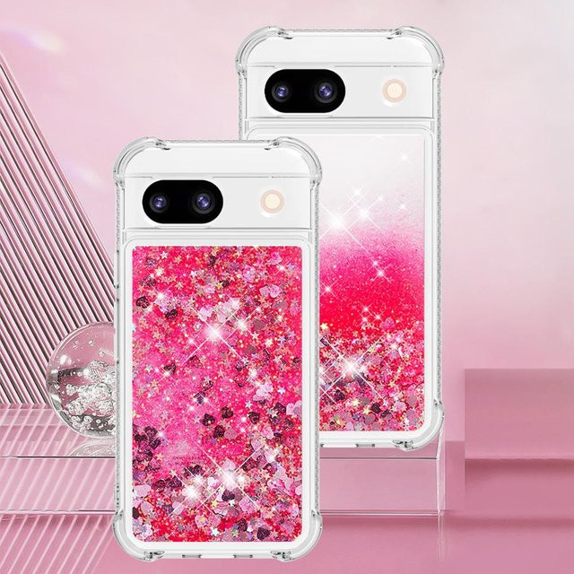 Bling Glitzer Stern Treibsand Handyhülle für Google Pixel 7A 8 8 Pro 9 Pro XL 9A 8A in Transparent Gold und Pink mit matter Rückseite - Bild 1