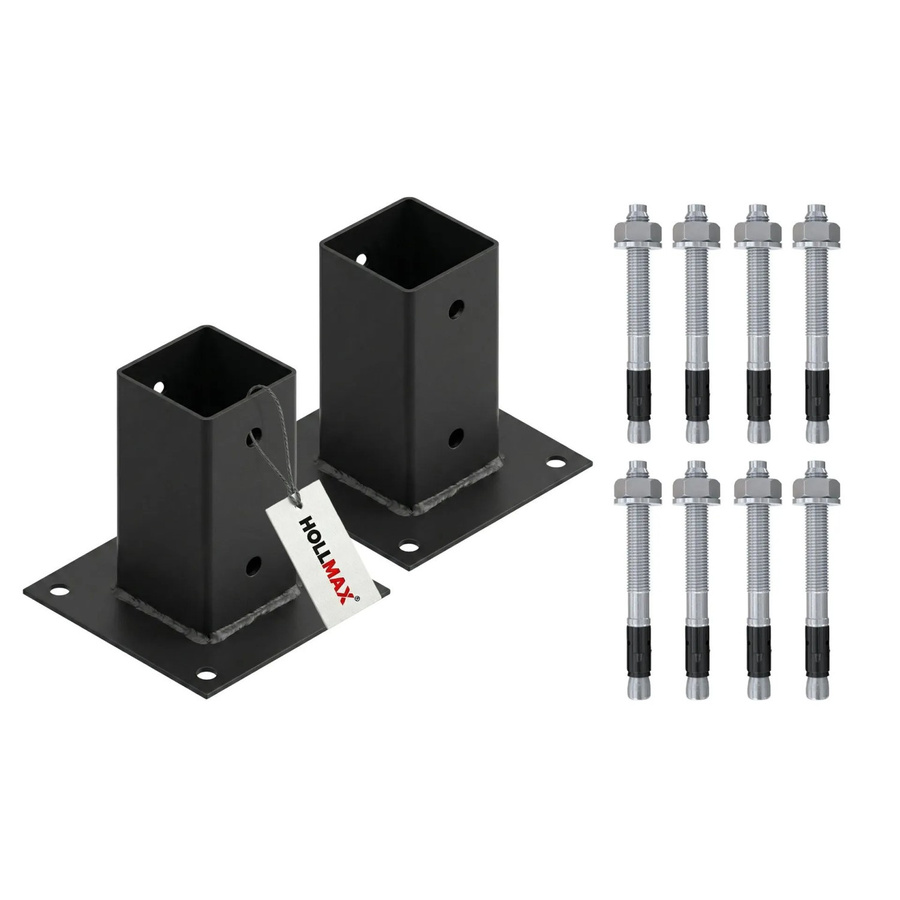 HOLLMAX Pfostenträger Set mit 2 Aufschraubhülsen 71 mm und Schwerlastankern 10 x 100 mm für Vierkantpfosten, Pulverbeschichtet Schwarz Matt - Bild 2