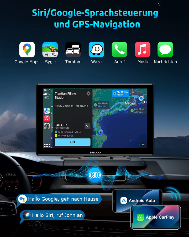 ESSGOO 9-Zoll Universelles Tragbares Carplay IPS Touchscreen Autoradio für LKWs mit Android Auto, Mirror Link, AUX, FM, USB und Bluetooth in Schwarz - Bild 4