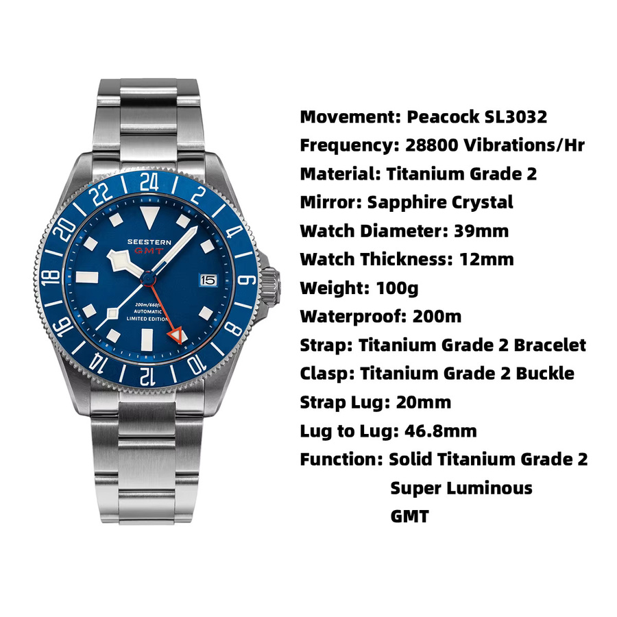 SUGESS Armbanduhr GMT Taucheruhr, Automatik, Titan, Schwarz, Herren - Bild 5