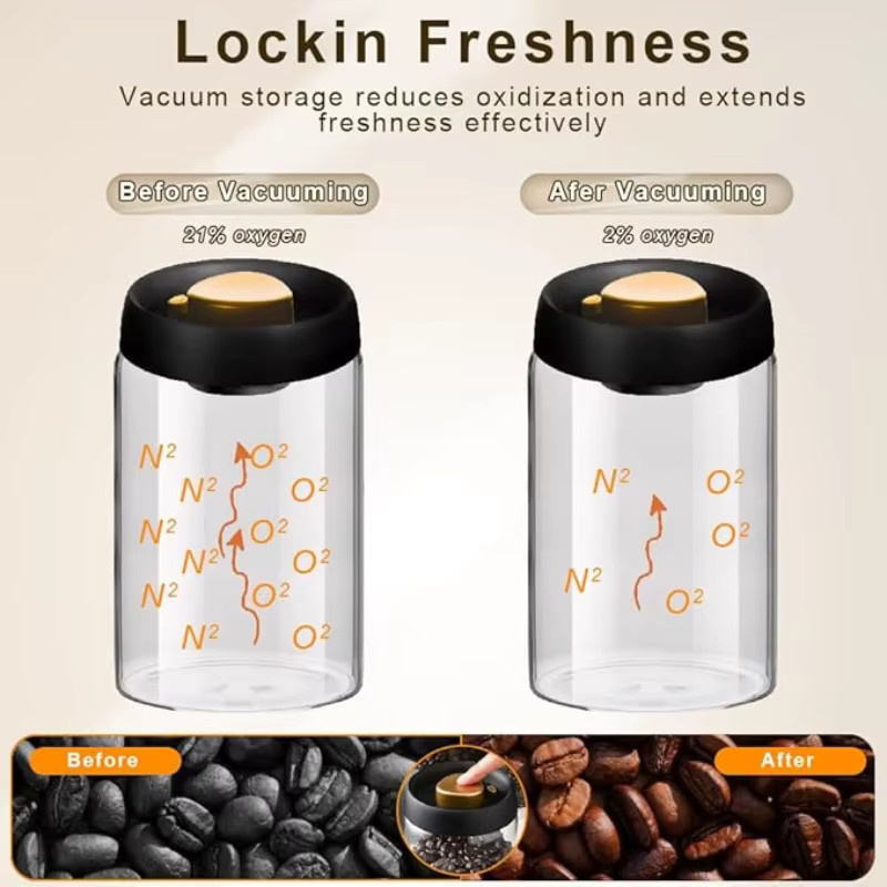 HOCOSHINE Vakuum-Kaffeekanister aus Borosilikatglas, luftdichtes Aufbewahrungsset für Kaffee, Tee oder Zucker, transparent - Bild 5