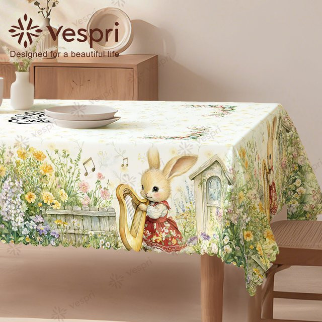 Vespri Oster-Tischdecke mit Blumenmuster und Hasen in Grün und Weiß für Party und Festival - Bild 1