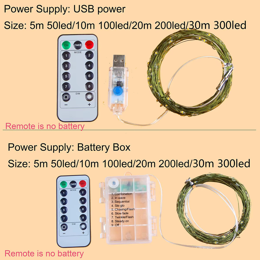 Topdii LED Fairy Lights String mit Fernbedienung, Warmweiß, Grüner Kupferdraht, USB und Batterie für Hochzeit, Weihnachten und Party-Deko - Bild 2
