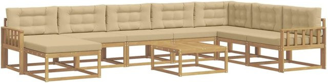 vidaXL Outdoor-Sofagarnitur aus massivem Akazienholz in L-Form mit Polsterkissen, 9-teiliges Set, Weiß und Beige - Bild 1