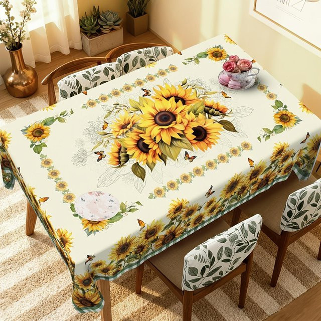 JMG Household Supplies Tischdecke mit Aquarell-Sonnenblumen und Schmetterlingen in Grün kariert, B/B: 100 x 160 cm - Bild 1