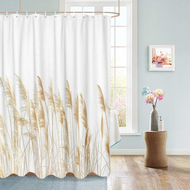 Tonnika Chen Duschvorhang mit goldenem Pampasgras Design in Weiß, wasserdicht und schimmelresistent, Boho Badezimmerdekor, B: 110 cm, H: 175 cm - Bild 1