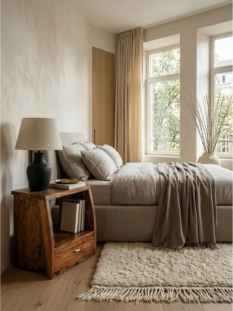 KADIMA DESIGN Nachttisch aus Massivholz in Braun im Landhausstil mit 1 Schublade und Ablage, Höhe: 53 cm - Bild 1