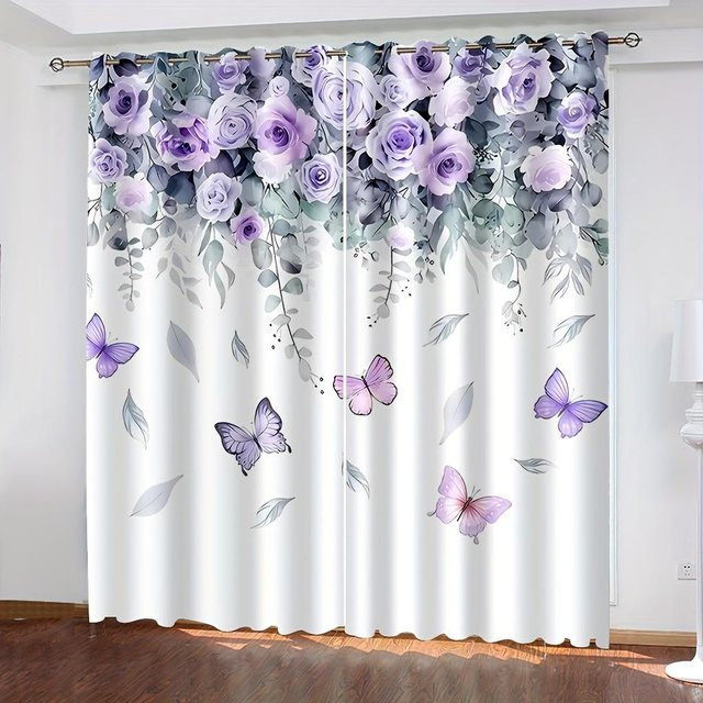 Semi-transparente Vorhänge mit blauem Retro-Blumenmuster und Ösen, 2er-Set, B/H: 50 x 100 cm - Bild 1
