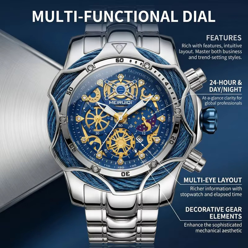 MEIRUIQI Armbanduhr Automatik, Edelstahl, blaues Zifferblatt, Herren - Bild 3