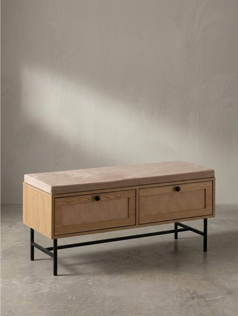 Schuhbank KADIMA DESIGN in Eiche-Dekor mit beigem Stoffbezug und Schubladen, B/T/H: 100 x 48 x 38 cm - Bild 1