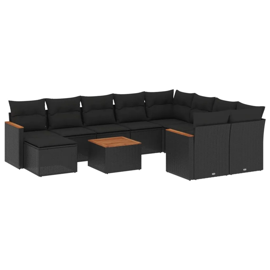 vidaXL 11-tlg. Garten-Sofagarnitur in L-Form aus Poly-Rattan und Akazienholz mit Kissen in Schwarz - Bild 2