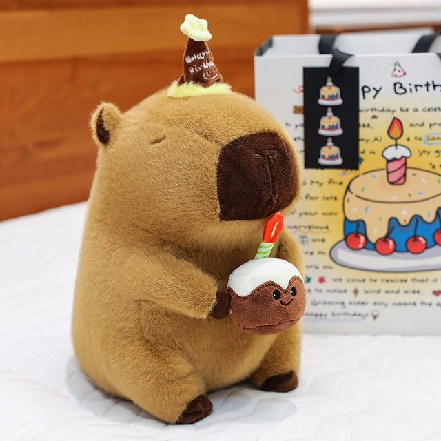 Capybara Plüschtier mit Geburtstagskuchen-Hut, 65cm, Braun - Bild 1