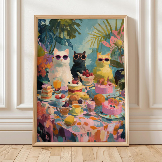Lustiger Katzen-Wandkunstdruck von SHENCHEN mit drei Katzen in Sonnenbrillen am Frühstückstisch, farbenfrohes Tiergemälde als Paper Poster in Multicolour - Bild 1