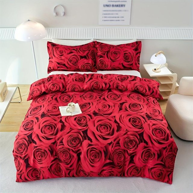 Bettwäscheset Your Warm Home mit roter Rose in Braun, atmungsaktives Bettbezug-Set bestehend aus 1 x Bettbezug und 2 x Kissenbezug, B/H: 135 x 200 cm, Kissenbezüge: 50 x 70 cm - Bild 1