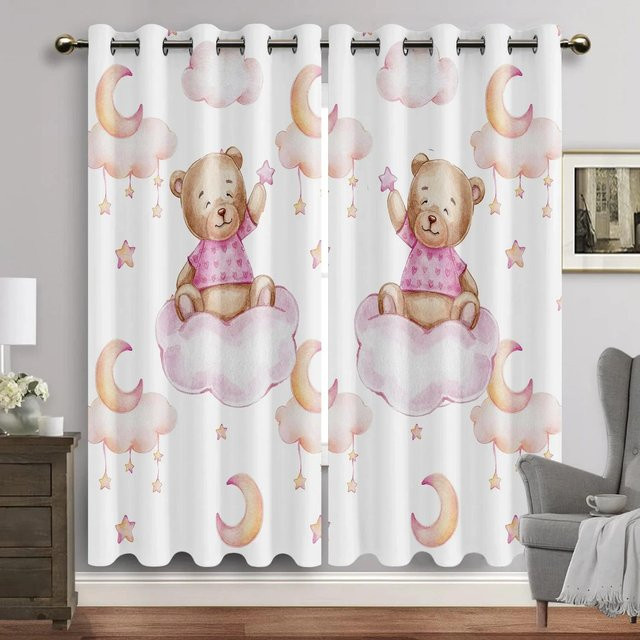 Yiran Furniture Vorhang mit Cartoon Tierprint Aquarell Hase und Bär für das Babyzimmer, halbtransparent, Mehrfarbig, Breite: 100 cm, Höhe: 160 cm - Bild 1